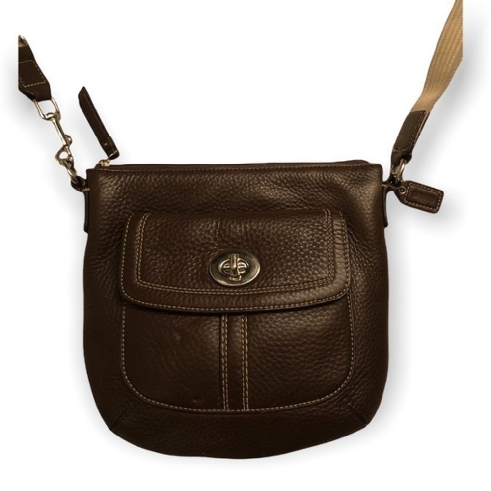 Coach brown pebbled leather turnlock swing pack crossbody bag